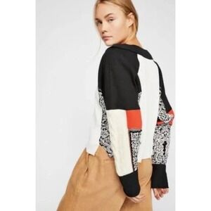 Free People‎ Patchwork Waffle Knit Off Shoulder Long Sleeve Sweater Top Women